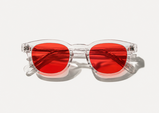 LUMA Red Lens Glasses Crystal Clear - front view folded