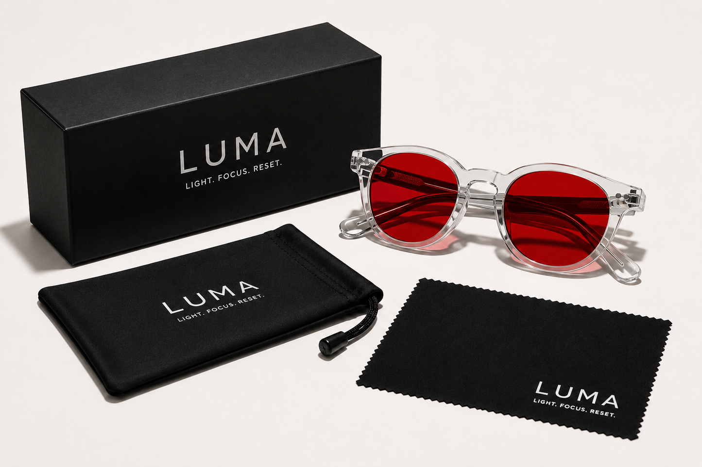 LUMA Red Lens Glasses Crystal Clear - angled lifestyle view